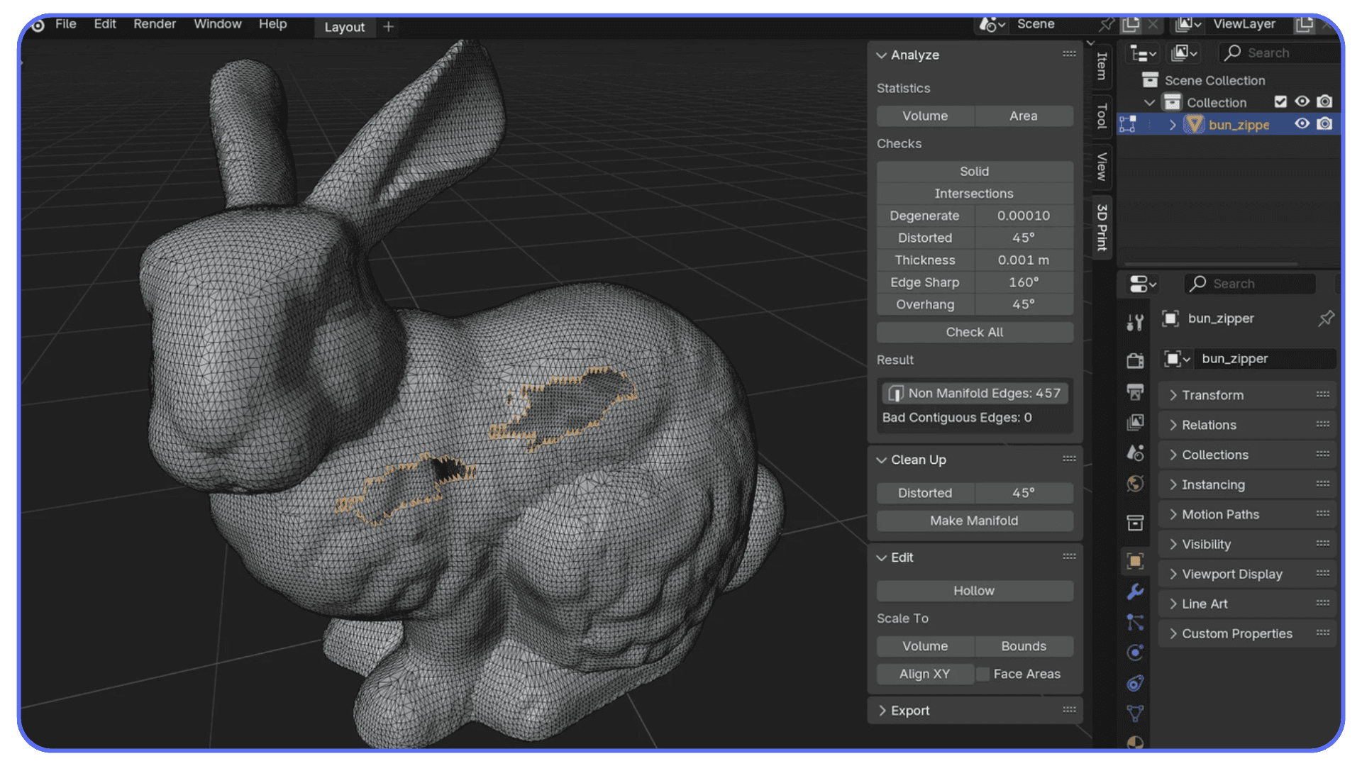 A 3D rabbit model in Blender showing highlighted mesh errors and non-manifold areas using the 3D Print Toolbox.