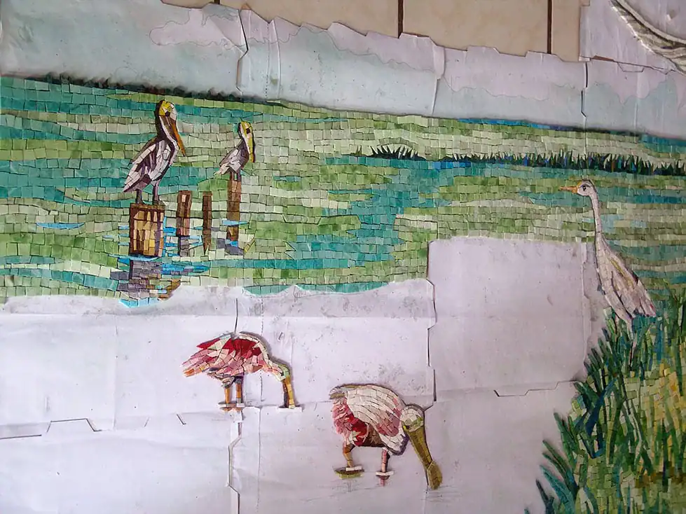 Herons and water scene mosaic artwork at Mosaiclegs Art Studio.