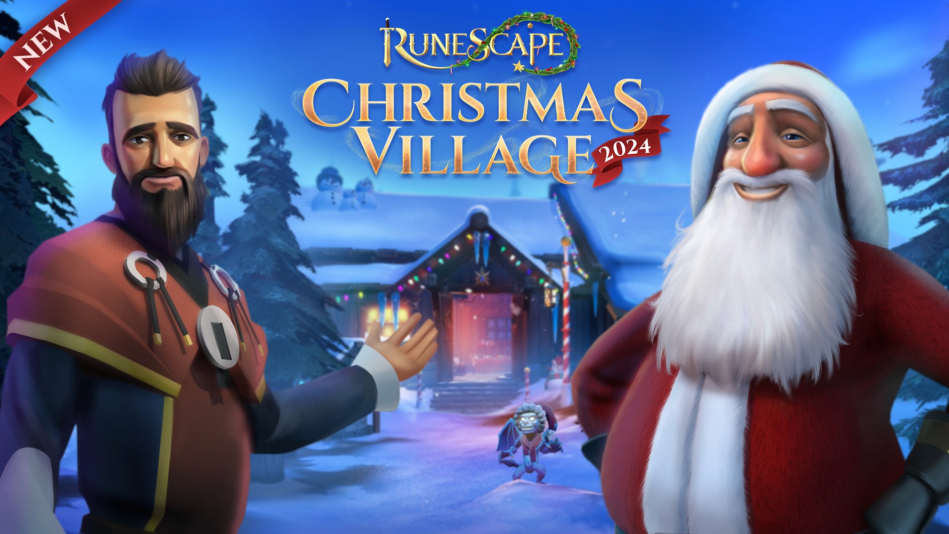 An image of a RuneScape charachter and father Christmas to celebrate the RuneSCape Christmas VIllage 2024