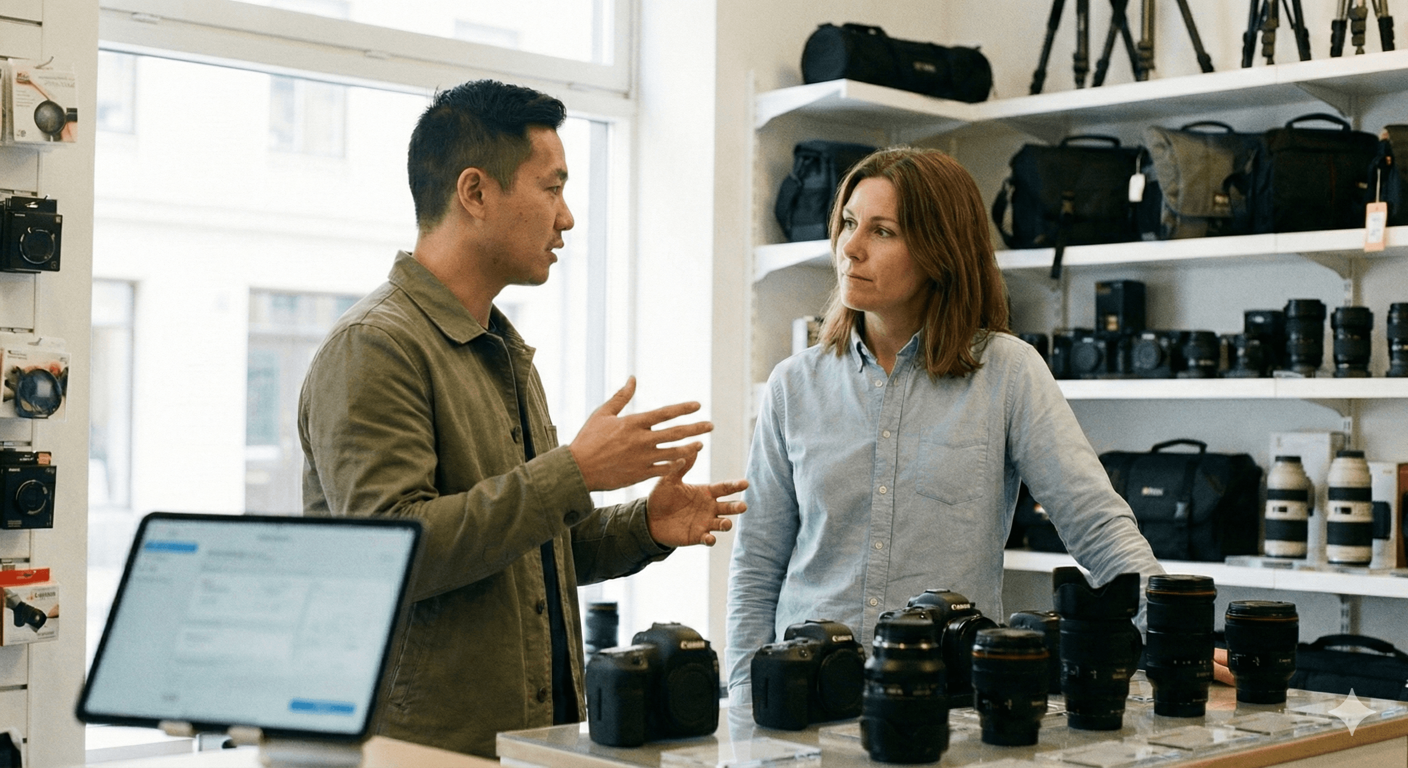 Datenbasierte Preisanalyse im Golfhandel: Ein moderner Monitor zeigt ein Dashboard mit grünen Performance-Charts und Statistiken auf einem Holztisch. Im Vordergrund ein schwarzer Golfschläger-Kopf und eine ruhende Hand in einem hellen Golfgeschäft mit Ausrüstung im Hintergrund.