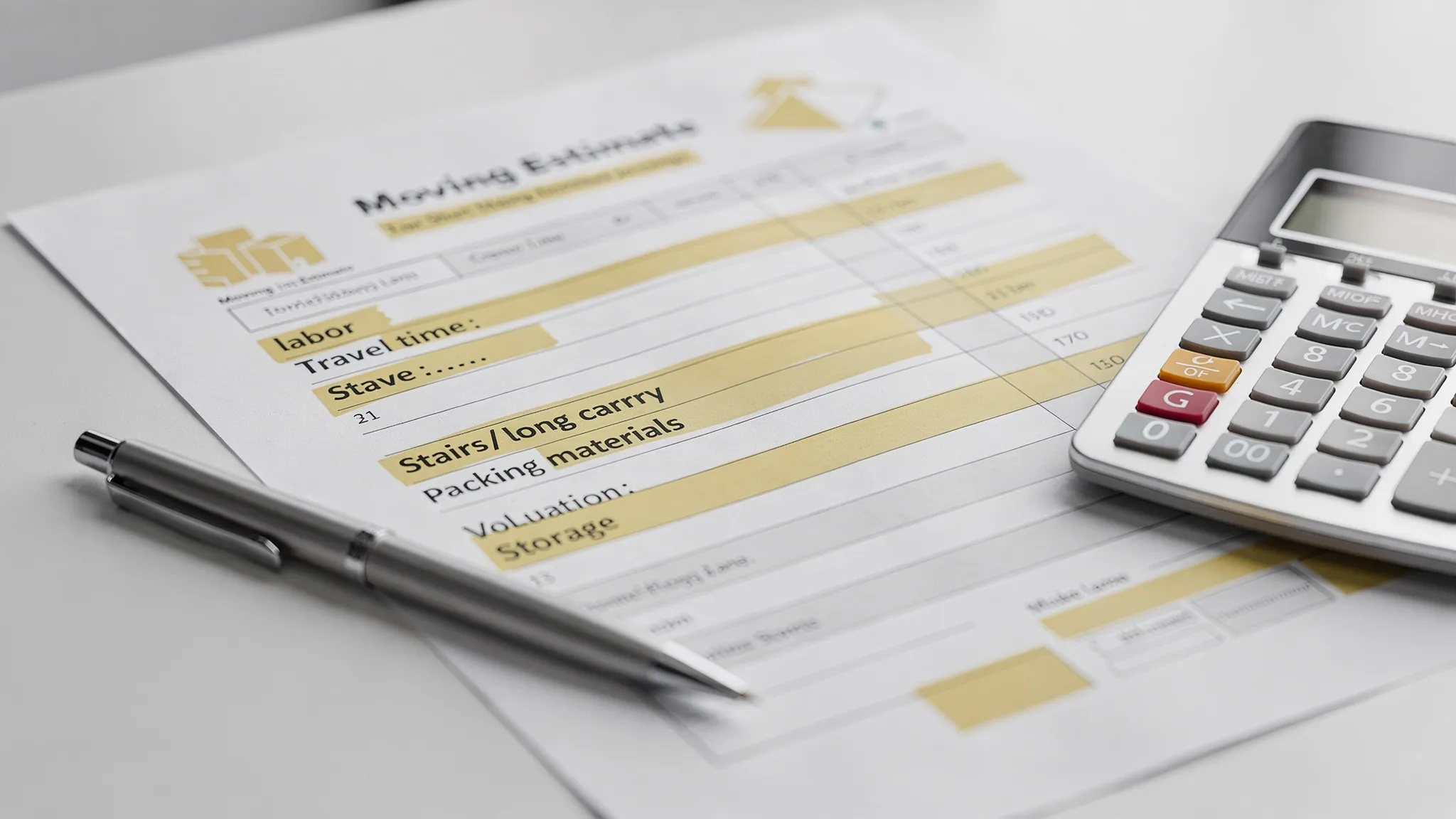 A close-up photo of a moving estimate page with highlighted line items for labor, travel time, stairs/long carry, packing materials, valuation, and storage, alongside a pen and a simple calculator.