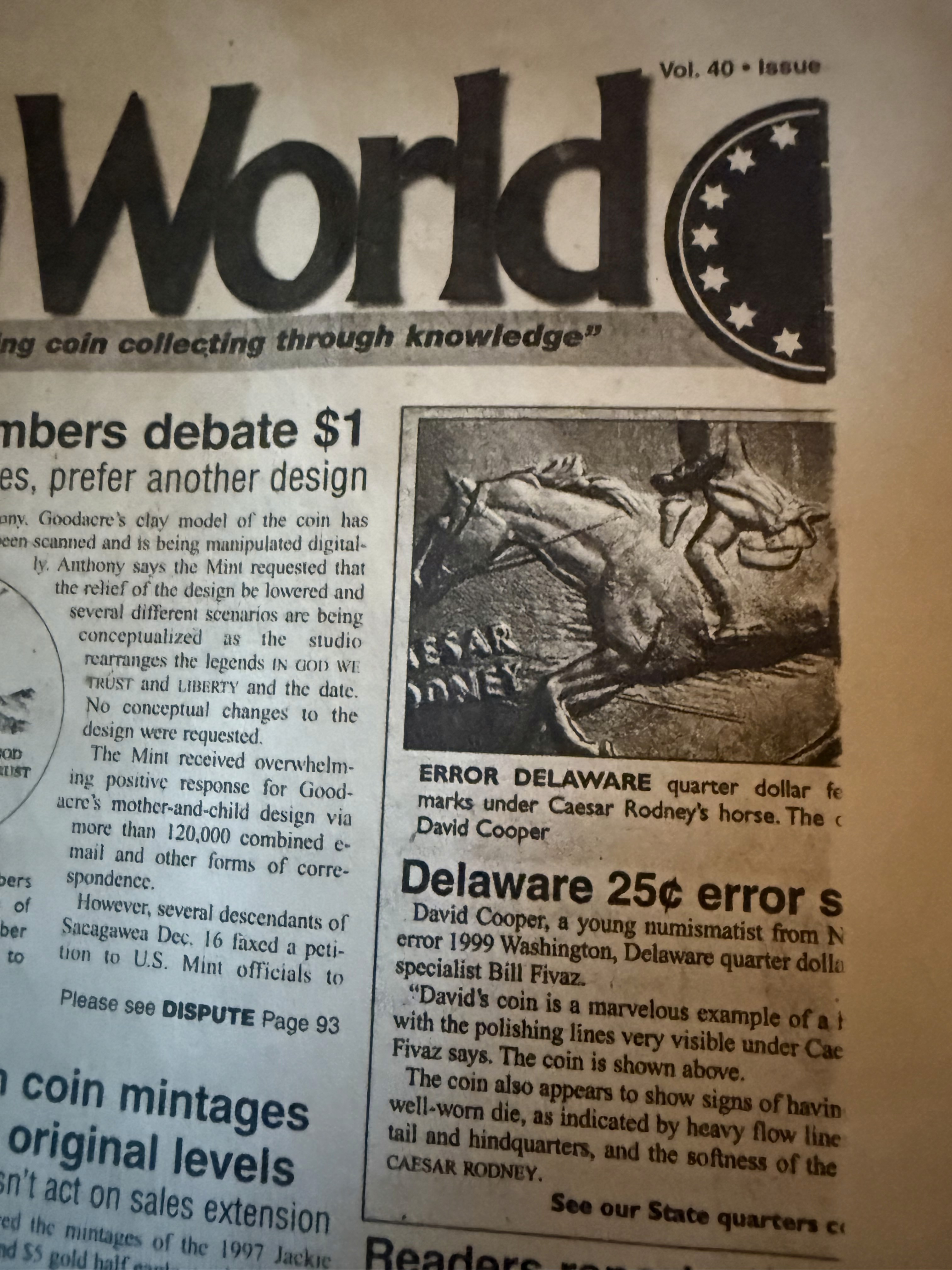 Historical newspaper clipping featuring a Delaware quarter error discovered through coin collecting knowledge.