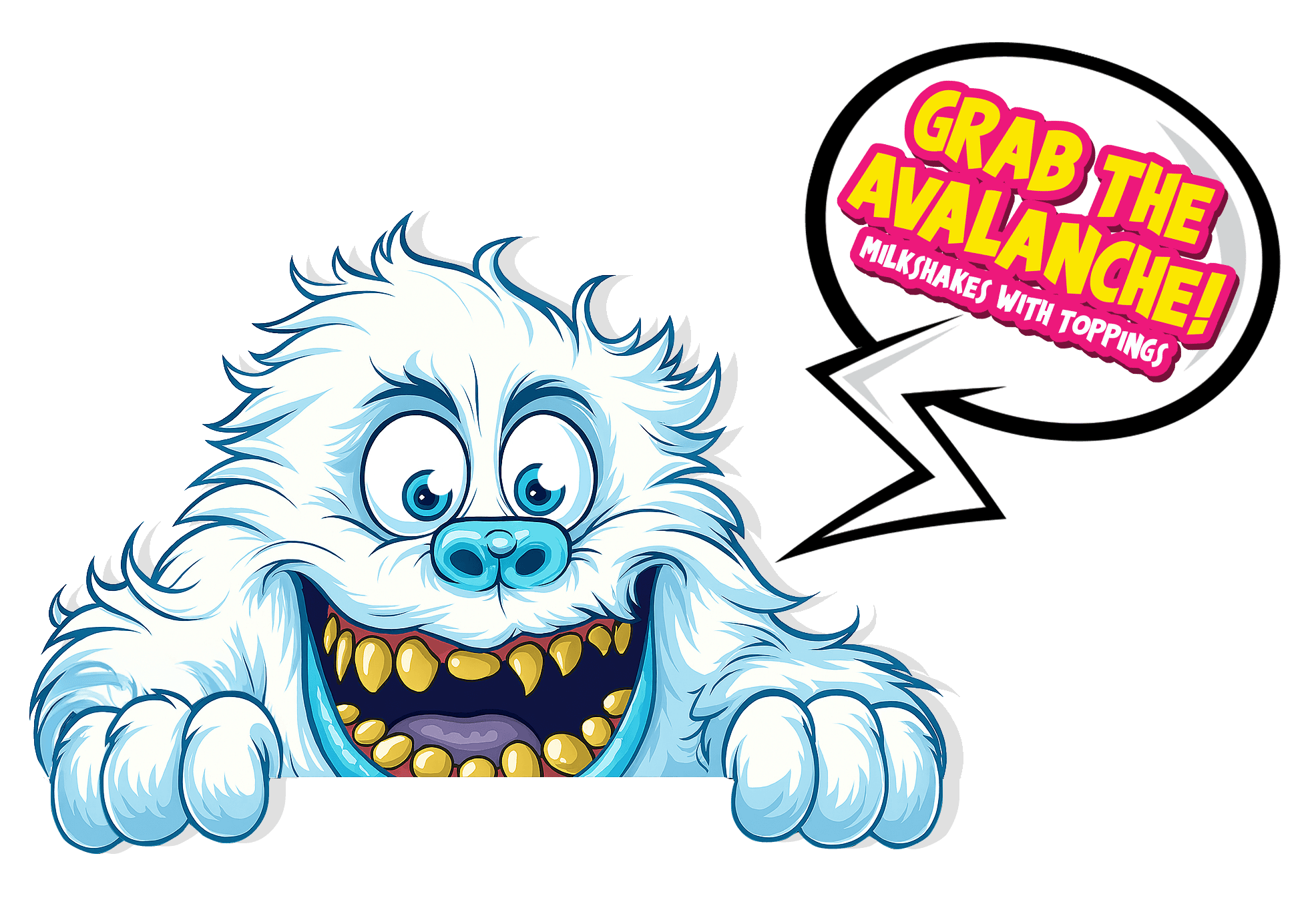North End Pizza Yeti mascot holding Avalanche milkshake with toppings — famous Virginia Beach ice cream treat for parties, events, and dessert lovers