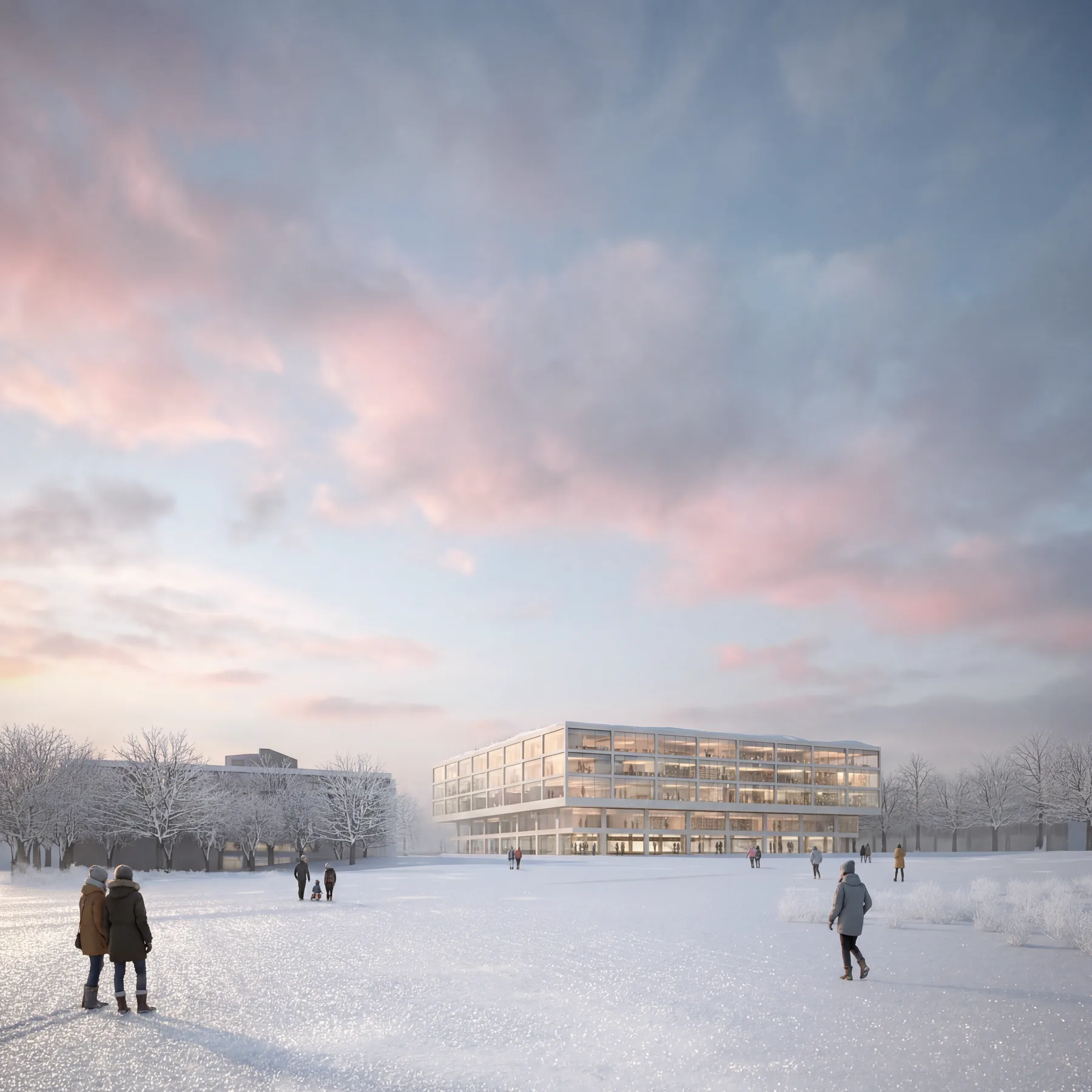 Campus integration view with building and landscaped approach — EPFL Lausanne