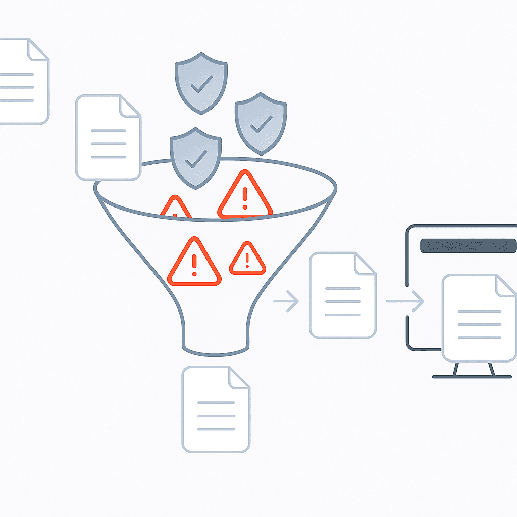 AI-generated content passes through a shielded funnel removing risk symbols before approved output is published