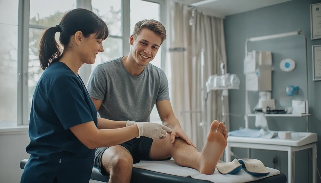 Podiatrist examining a patient's lower leg and foot in a bright clinic