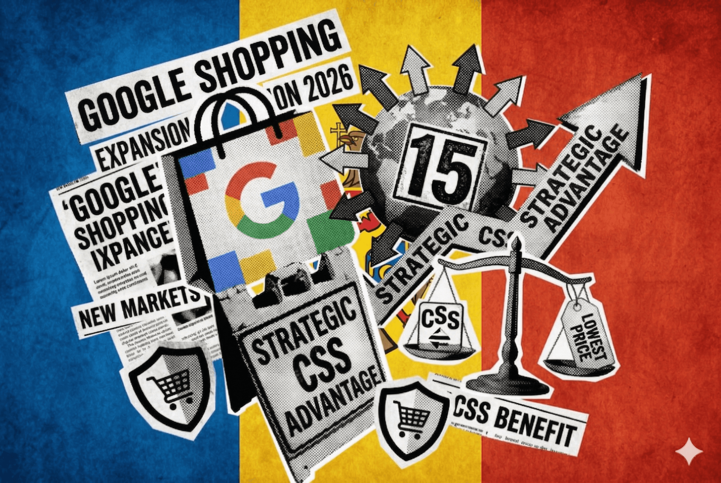 Google Shopping will be available in Moldova in 2026. The picture shows the Moldovian flag and the advantages of Google CSS.
