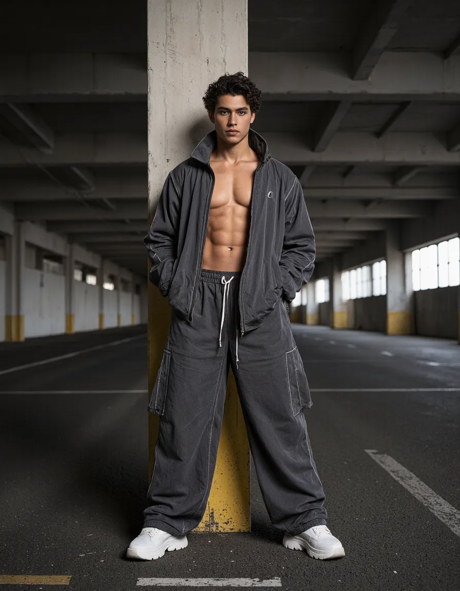 Moody warehouse photoshoot featuring gray athleisure outfit with open jacket and cargo pants against industrial concrete background
