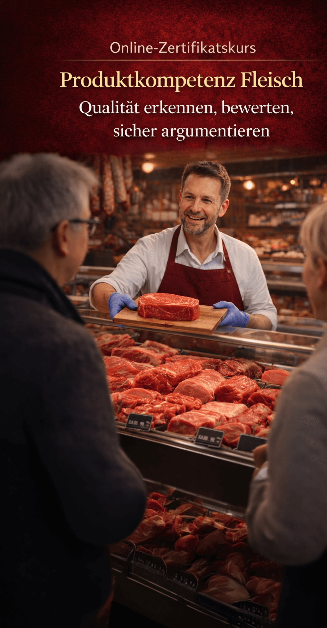 Person mit Schürze und Handschuhen hält ein Stück Rindfleisch