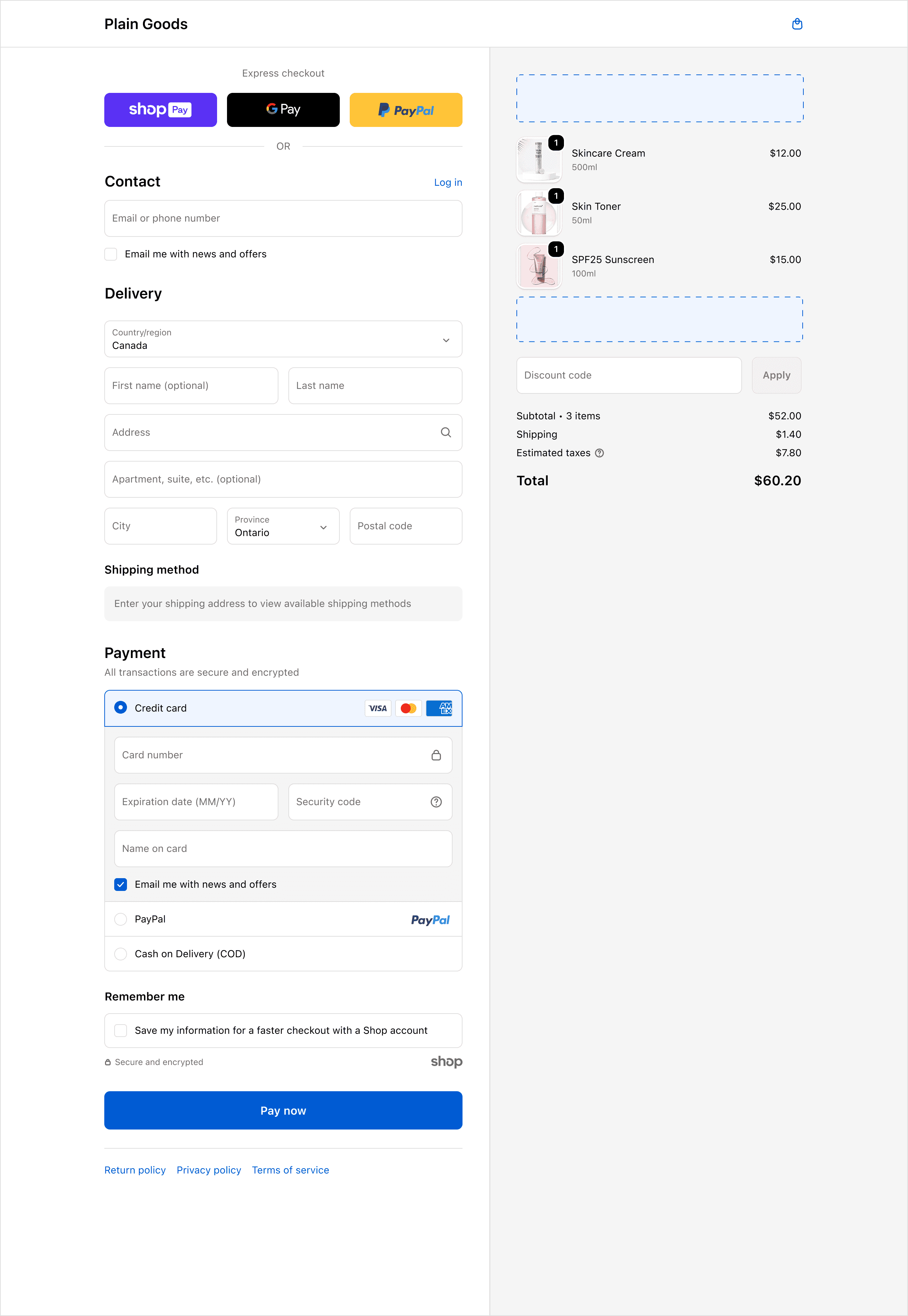 Returning customer checkout view