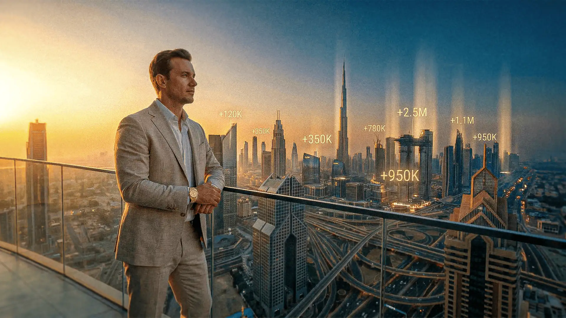 Inversor analizando el crecimiento del mercado inmobiliario en Dubái con proyecciones de rentabilidad sobre el skyline urbano.