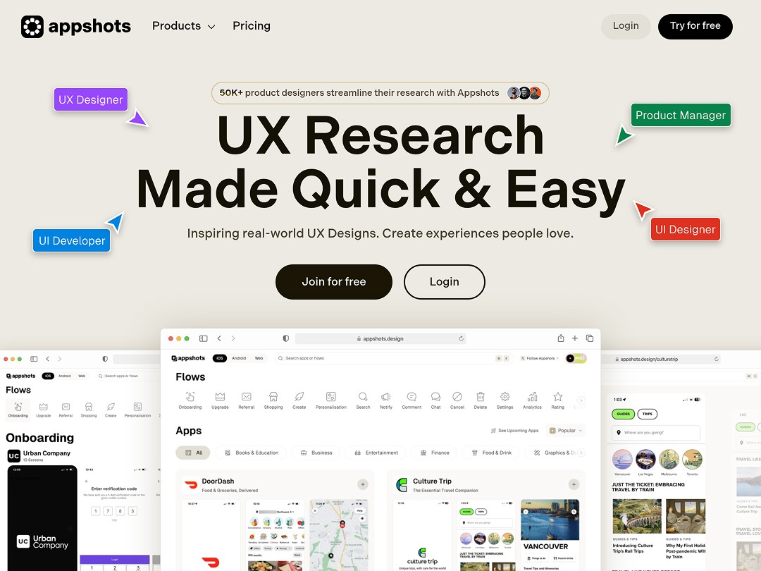 Appshots homepage with UX design promotion and app interface previews.