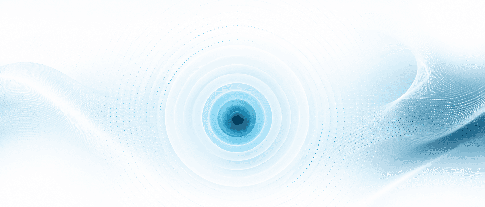 Abstract cyan and teal signal waves radiating outward on a white background, representing content visibility and AI-driven discovery.