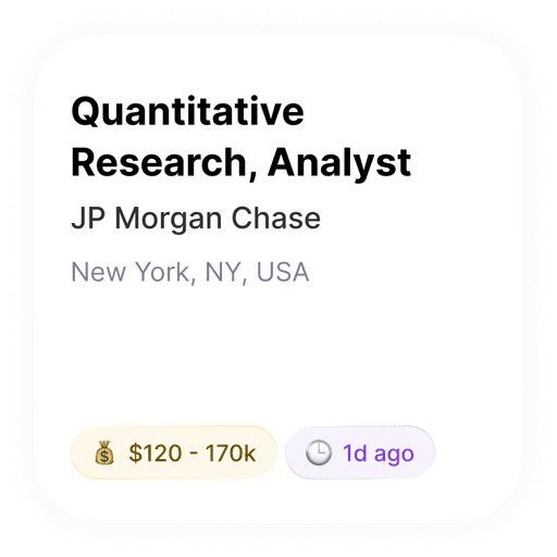 Quantitative Research Analyst role at JP Morgan Chase, New York, $120-170k salary.