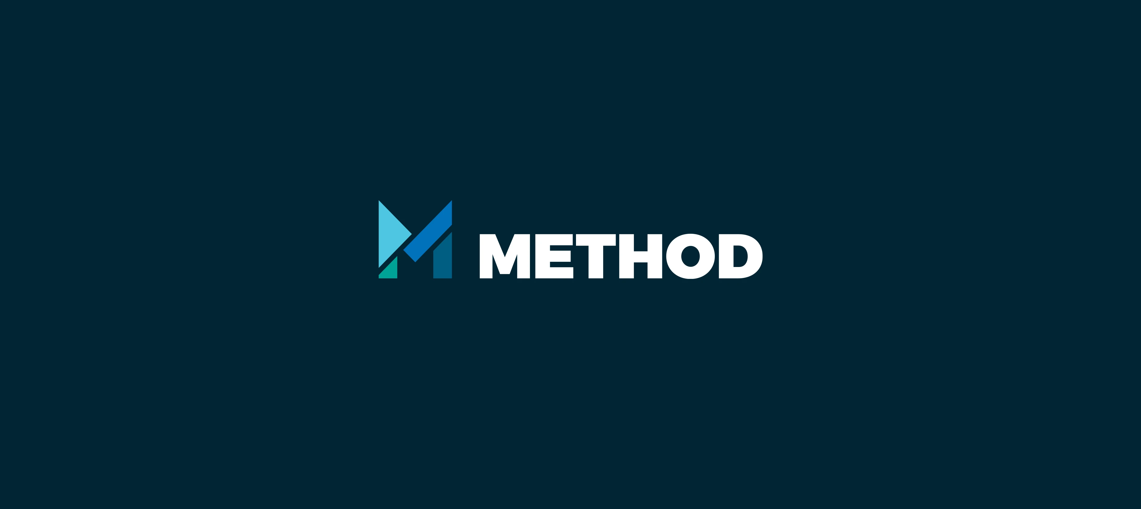 Method Consultants visual identity hero – bold turquoise and blue Tangram-inspired logo on dark background with slogan “METHOD THE MADNESS” by Teatime Studio.
