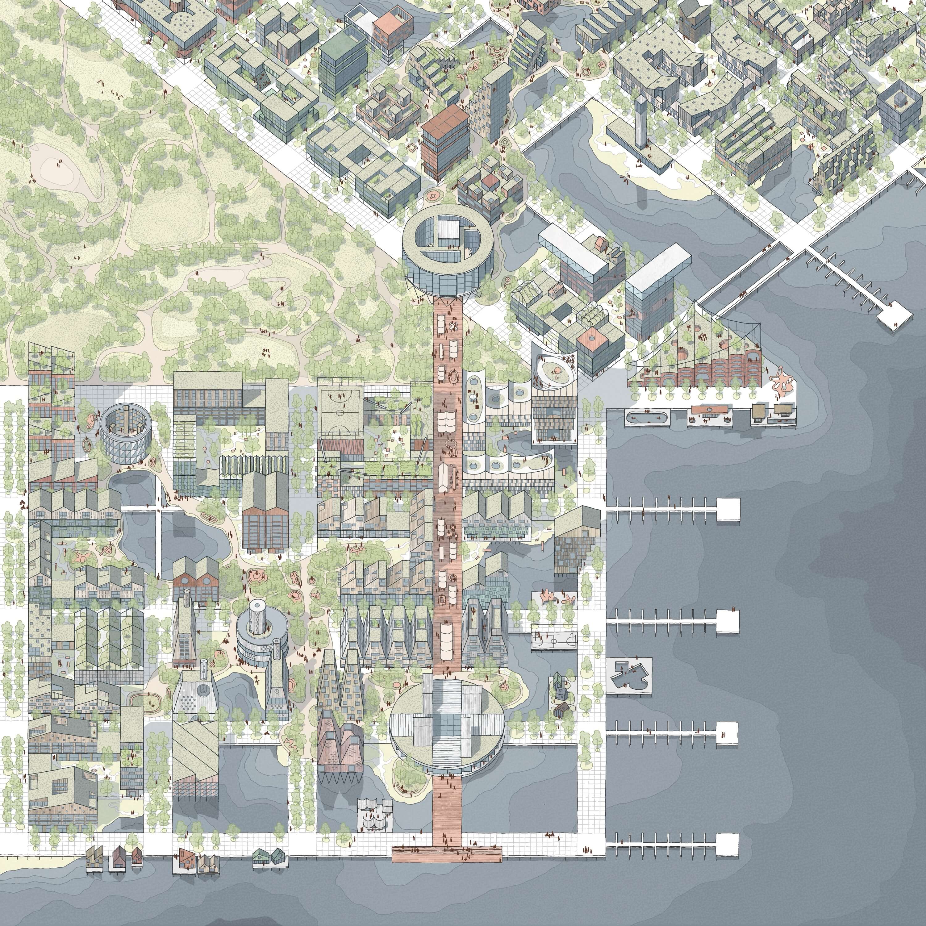 Map showing a coastal city layout with streets, buildings, and a harbor area along the water's edge.