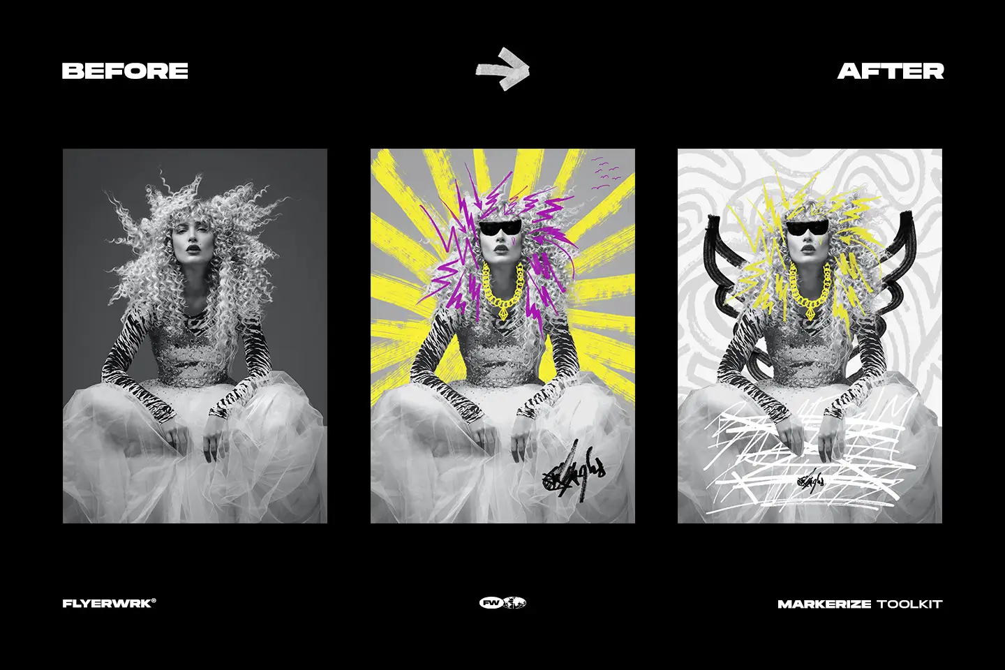 Markerize product demonstration showing before and after creative editing with hand drawn marker graphics overlays