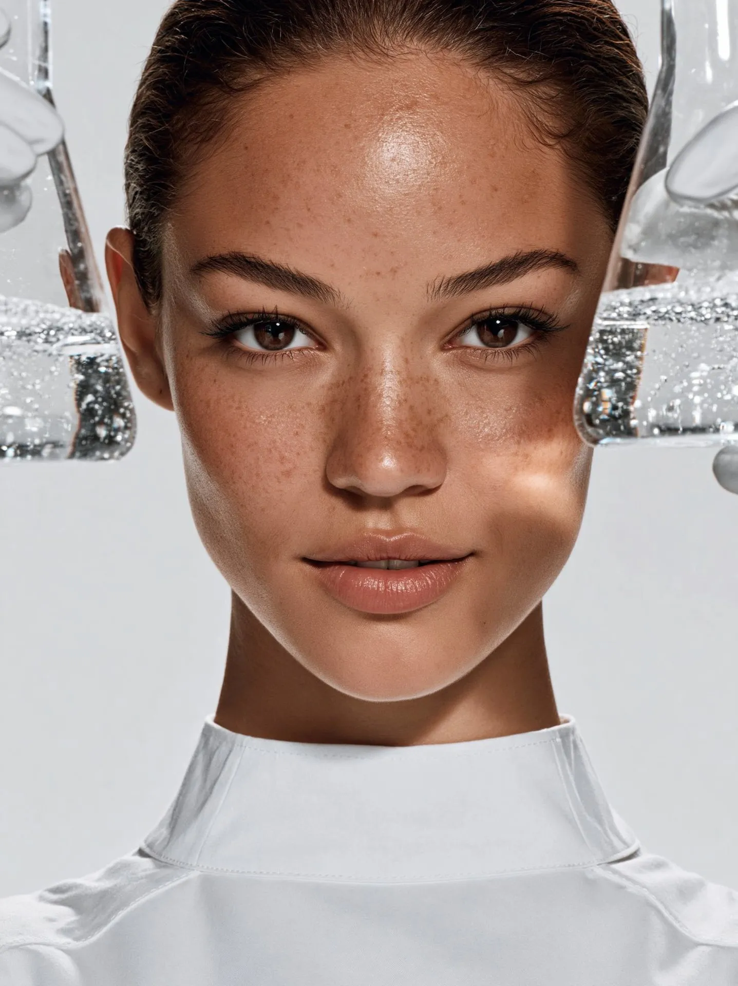 Freckled model with ice cubes beauty portrait