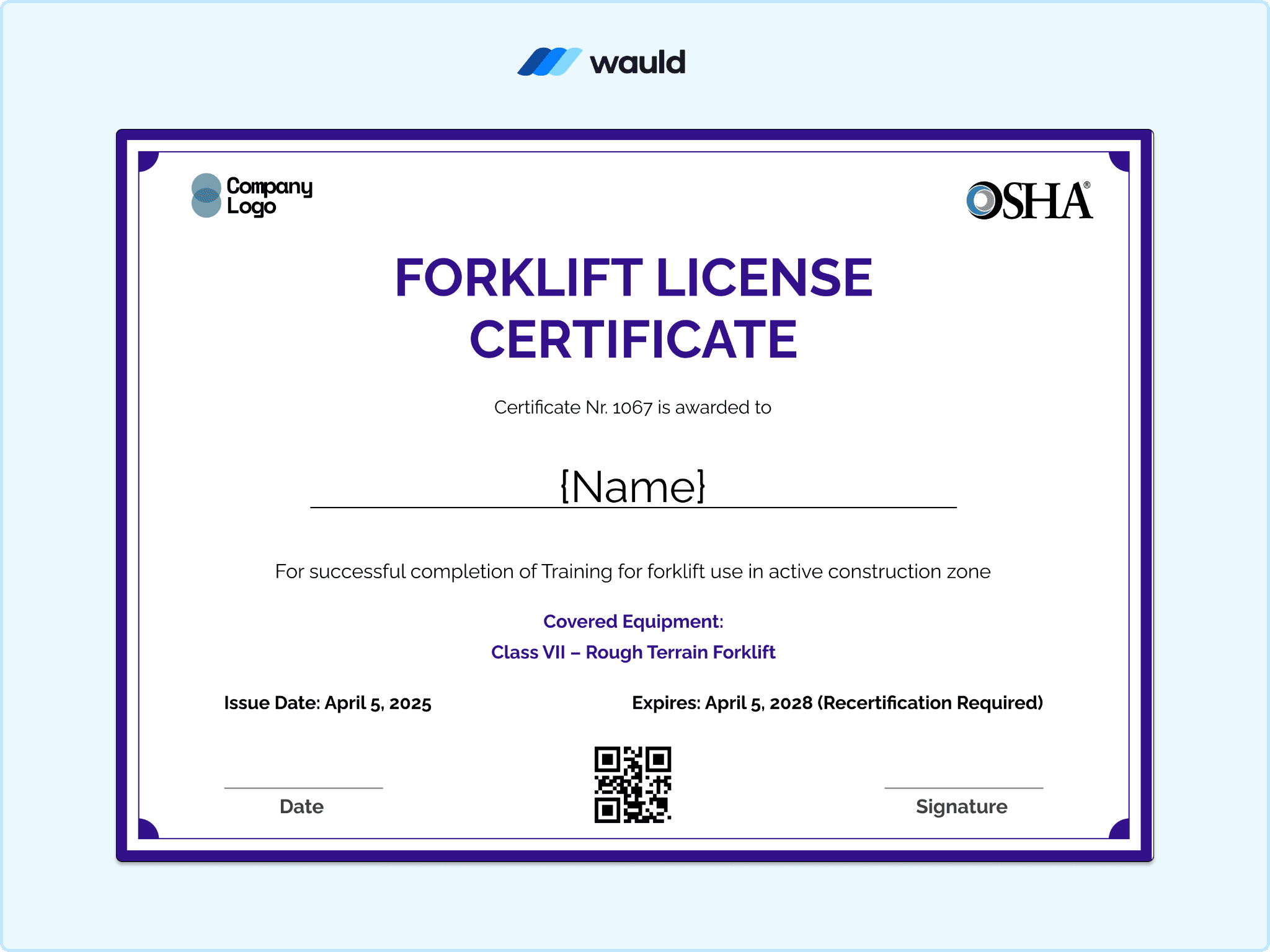 Purple bordered forklift license certificate template with recipient name field, covered equipment, training duration, certificate dates, QR code, and signature line