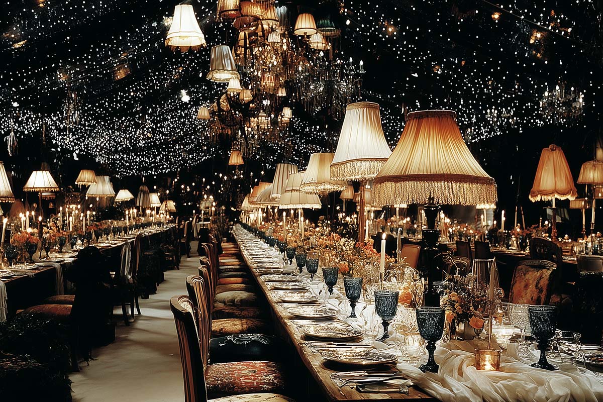 Lavish event dining setup featuring long tables illuminated by a row of large, vintage-style fringed lamps. The ceiling is covered in twinkling fairy lights creating a starry night effect, while the tables are set with blue glassware and floral centerpieces