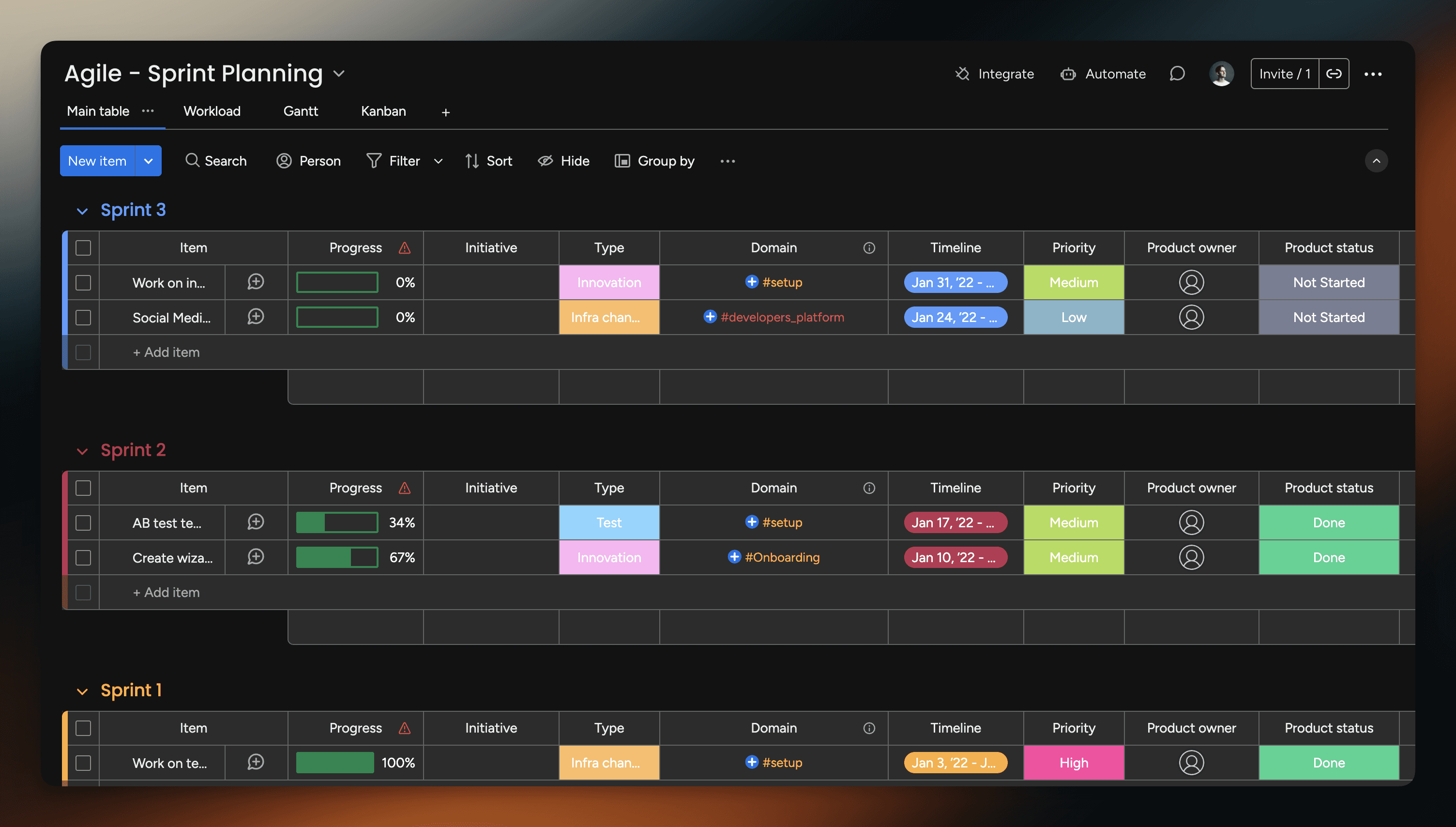 Sample monday.com board