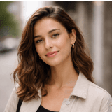 Woman with shoulder-length brown hair in a beige shirt outdoors.