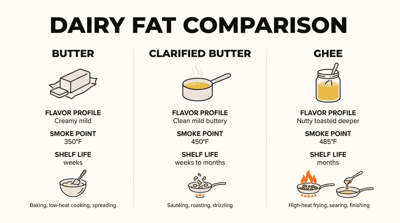 Infographic comparing ghee, clarified butter, and butter by smoke point, flavor, and best uses
