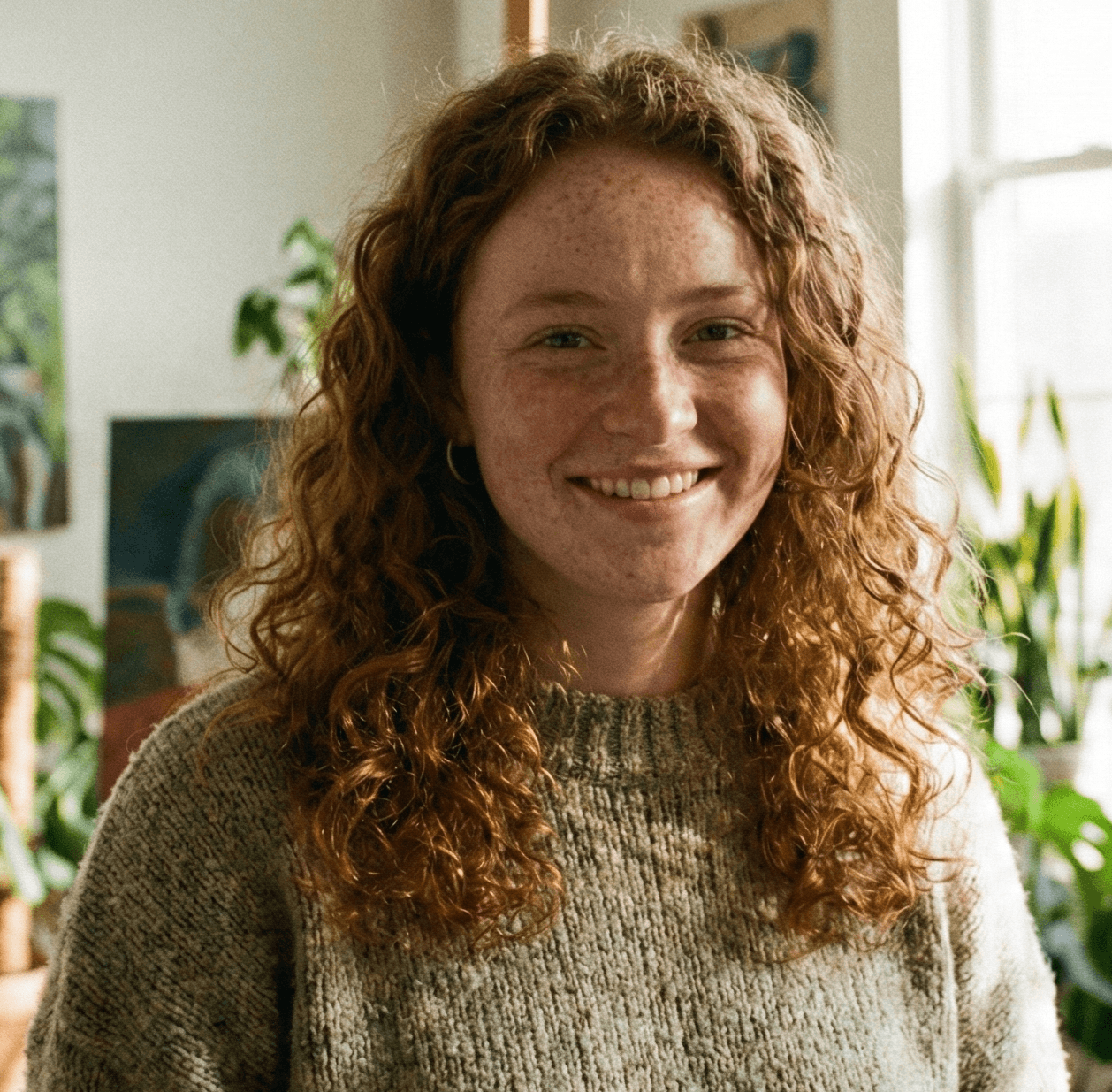 smiling lady on green cardigan