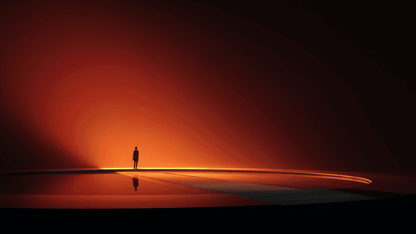 Person standing alone on a curved illuminated platform with warm orange light and dark minimal background.