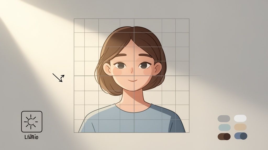 Cartoon-Porträt einer jungen Frau mit Gitter, Sonnenlicht und Farbpalette, passend für Profilbilder.