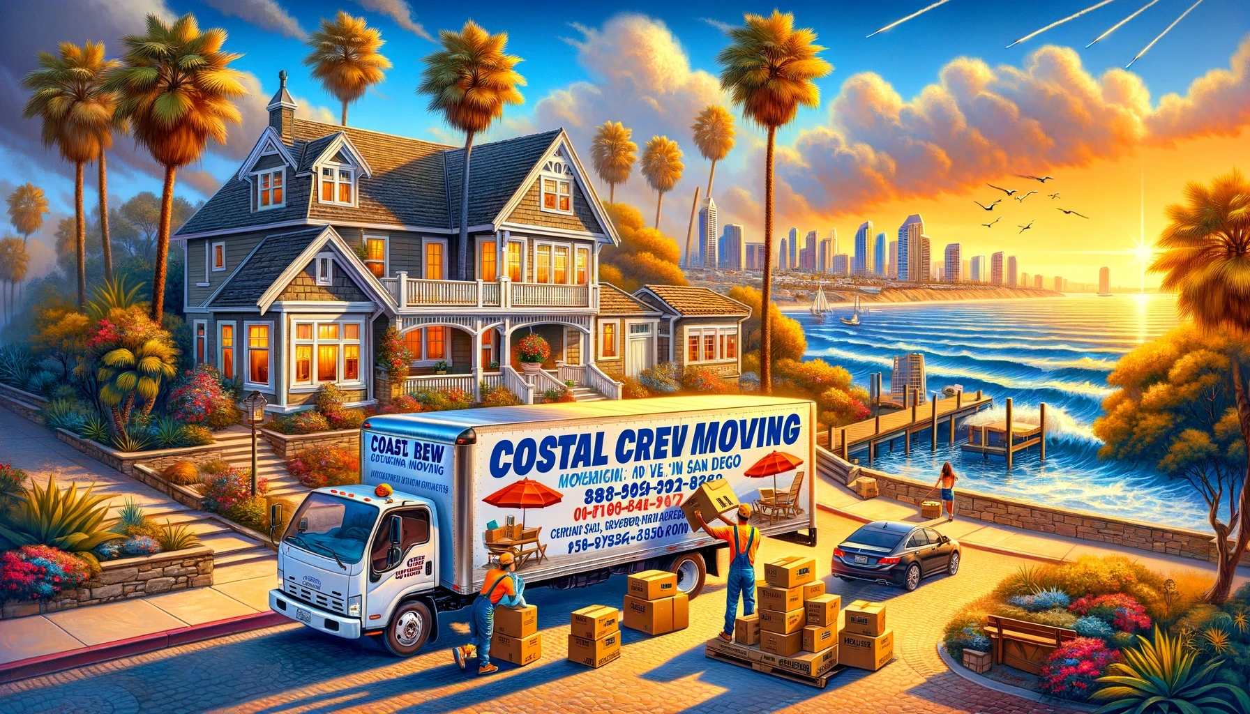 The image vividly captures the essence of a seamless moving experience in San Diego with Coastal Crew Moving, highlighting the beauty, efficiency, and promise of a new beginning in one of the city's picturesque neighborhoods.