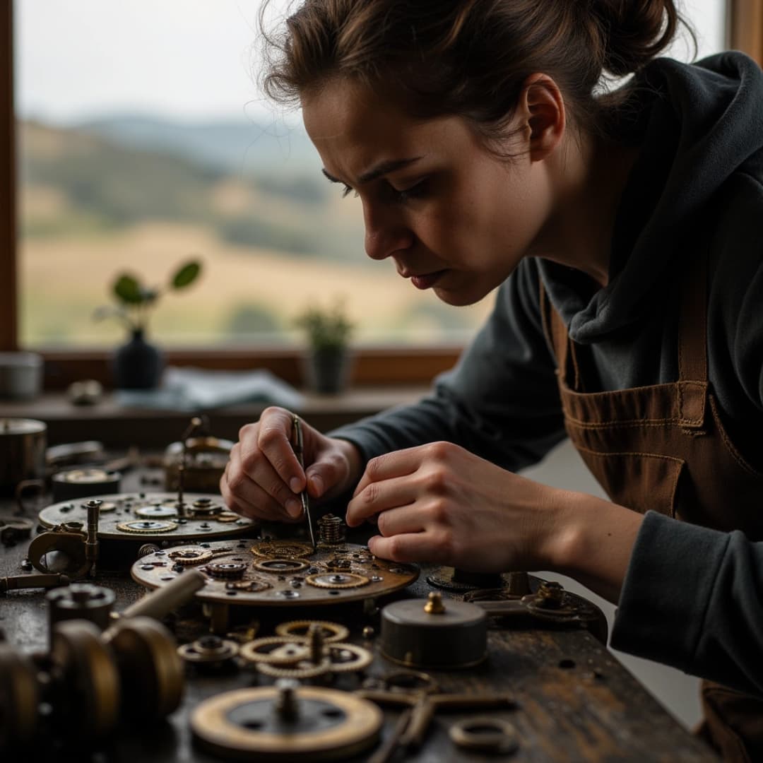 eine handwerkerin baut etwas an einer werkbank