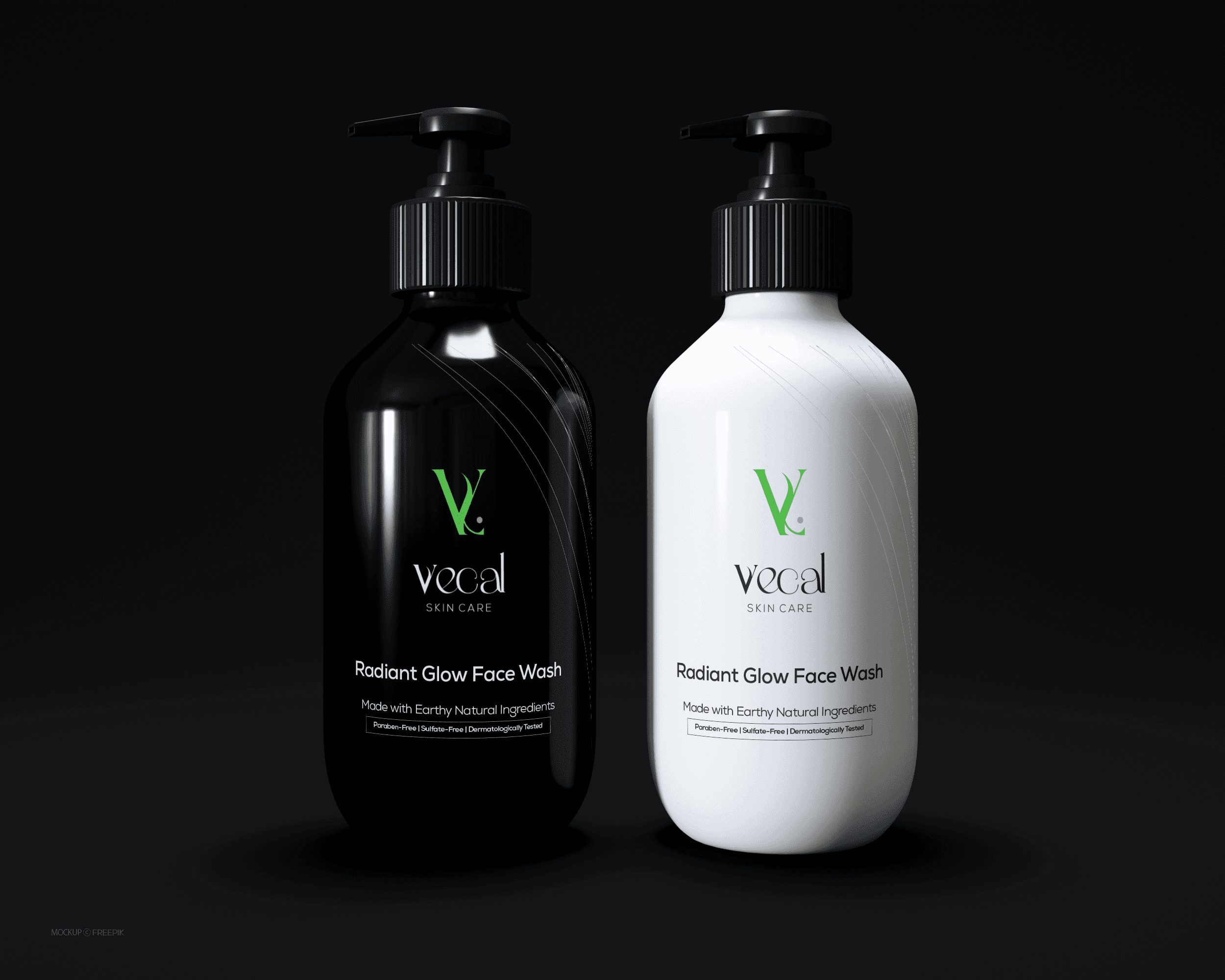 Vecal - Product Design for a Face Wash in both a black or white option container.  Bright and colourful packaging concept for Vecal, blending geometric patterns and strong typography for an energetic consumer appeal.