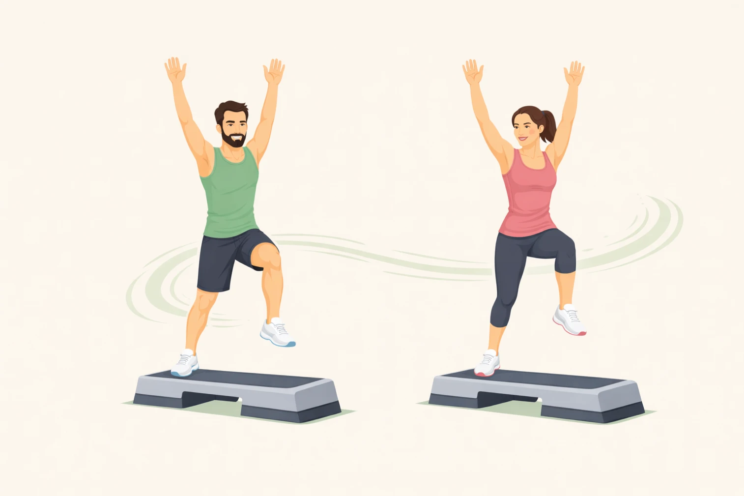 A man and a woman performaing a step aerobics workout at home