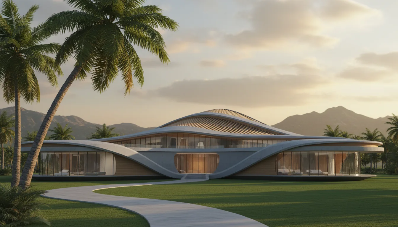A 3D architectural render created in Autodesk Maya style, depicting a futuristic, biomorphic luxury building with parametric, wave-like curves. The structure is made of matte concrete and light wood, with a layered, undulating roof featuring ribbed wooden slats on the underside. Expansive, curved glass walls wrap around the exterior. The building is situated in a tropical setting with two large palm trees in the left foreground, a winding concrete path, and a manicured lawn. The background features hazy mountains against a golden hour sky with soft clouds, creating a serene and warm atmosphere with soft global illumination.