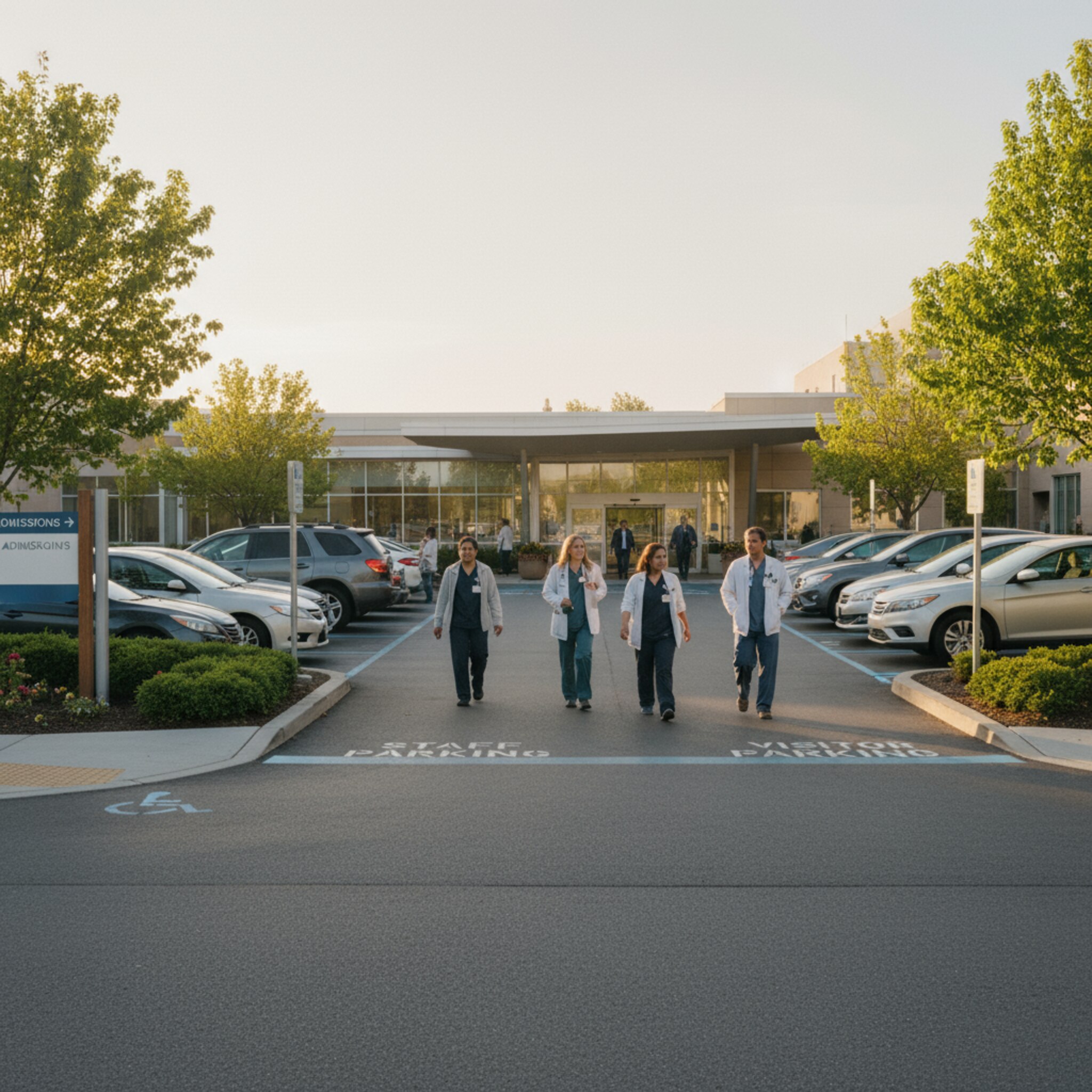 Ein Klinikparkplatz mit klar markierten Bereichen für Mitarbeitende und Besucher. Morgendliches Licht fällt über geordnete Reihen, ein paar Menschen gehen Richtung Haupteingang. Ein Wegweiser zeigt den kürzesten Weg zur Aufnahme. Die Szene vermittelt Struktur, Orientierung und Ruhe.
