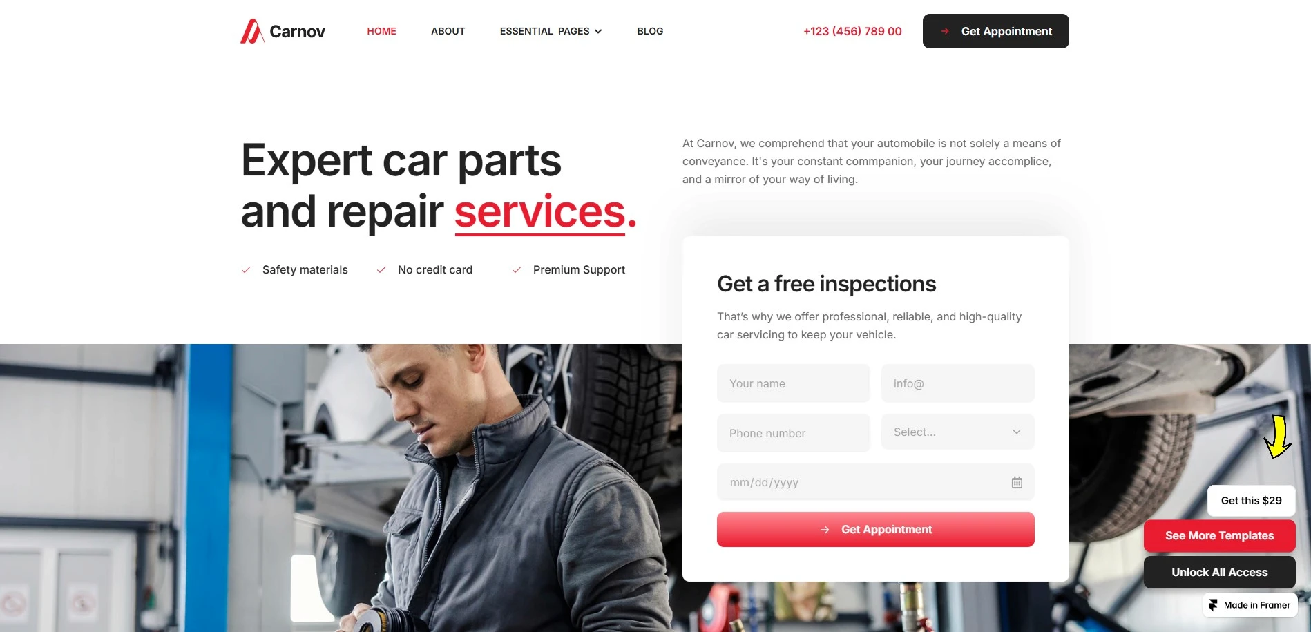 Carnov modern car repair Framer template for auto service website