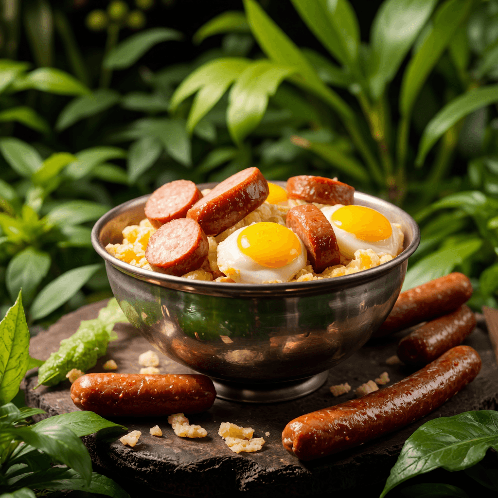 product photography of bowl of cooked sausage and scrambled eggs