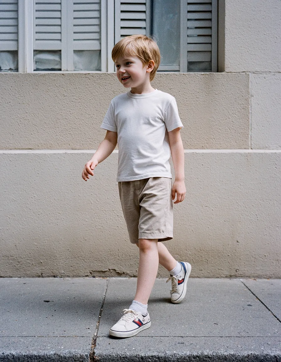 Child walking along city sidewalk wearing simple white t-shirt, beige shorts and white sneakers against textured wall background