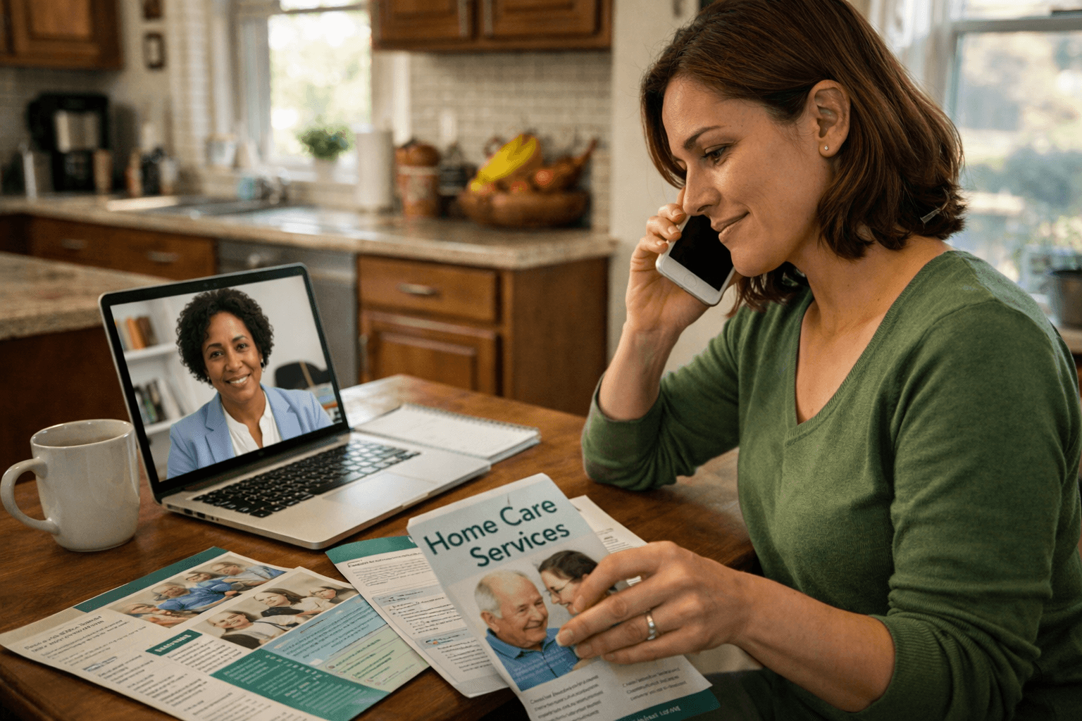Adult daughter at a kitchen table reviewing home care brochures and a laptop while speaking with a calm home care agency owner on the phone, warm natural light, diverse family representation, realistic documentary style. Shot on Fujifilm X T4, aspect ratio 3:2