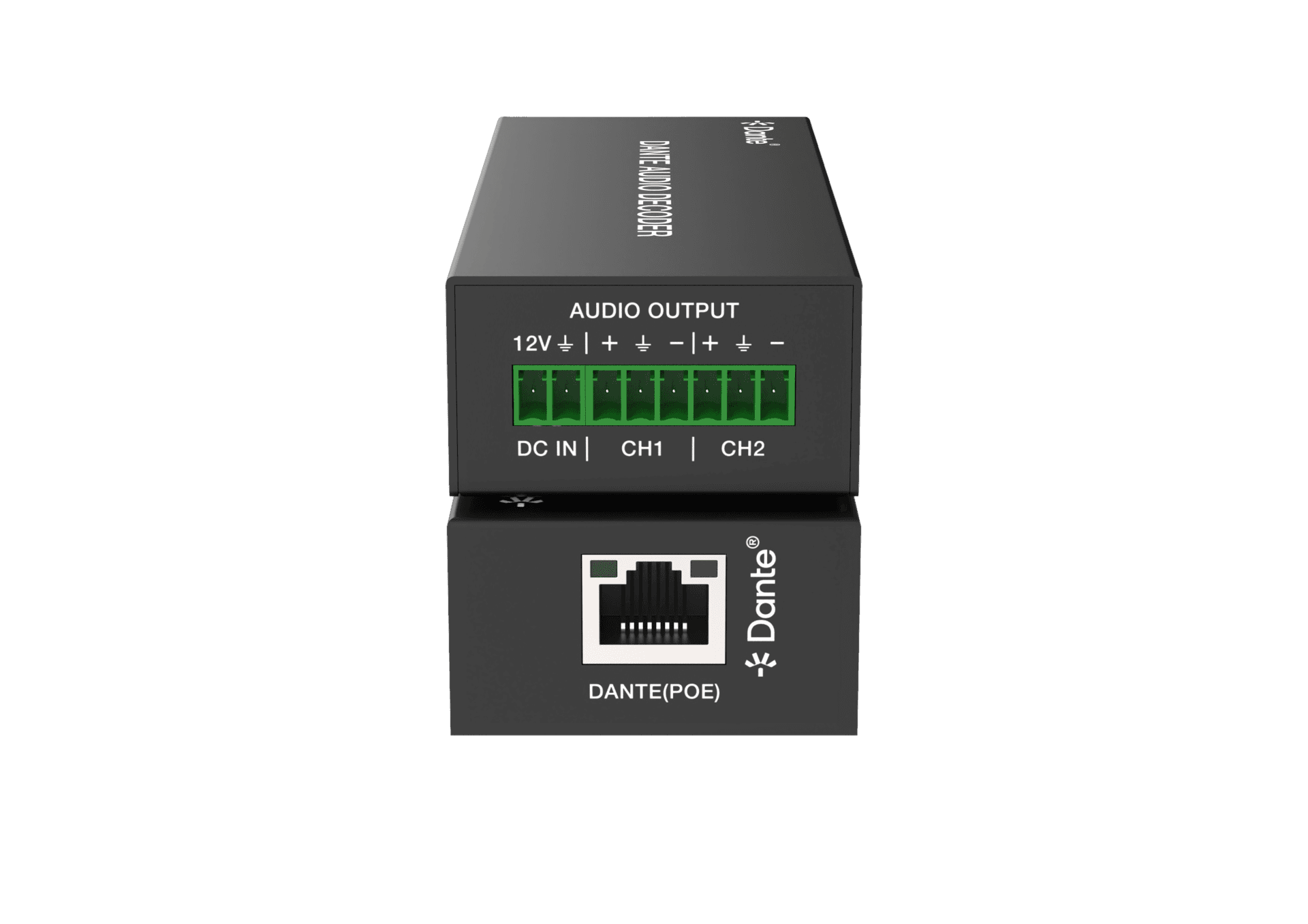 Dante audio decoder with DC in and Ethernet ports