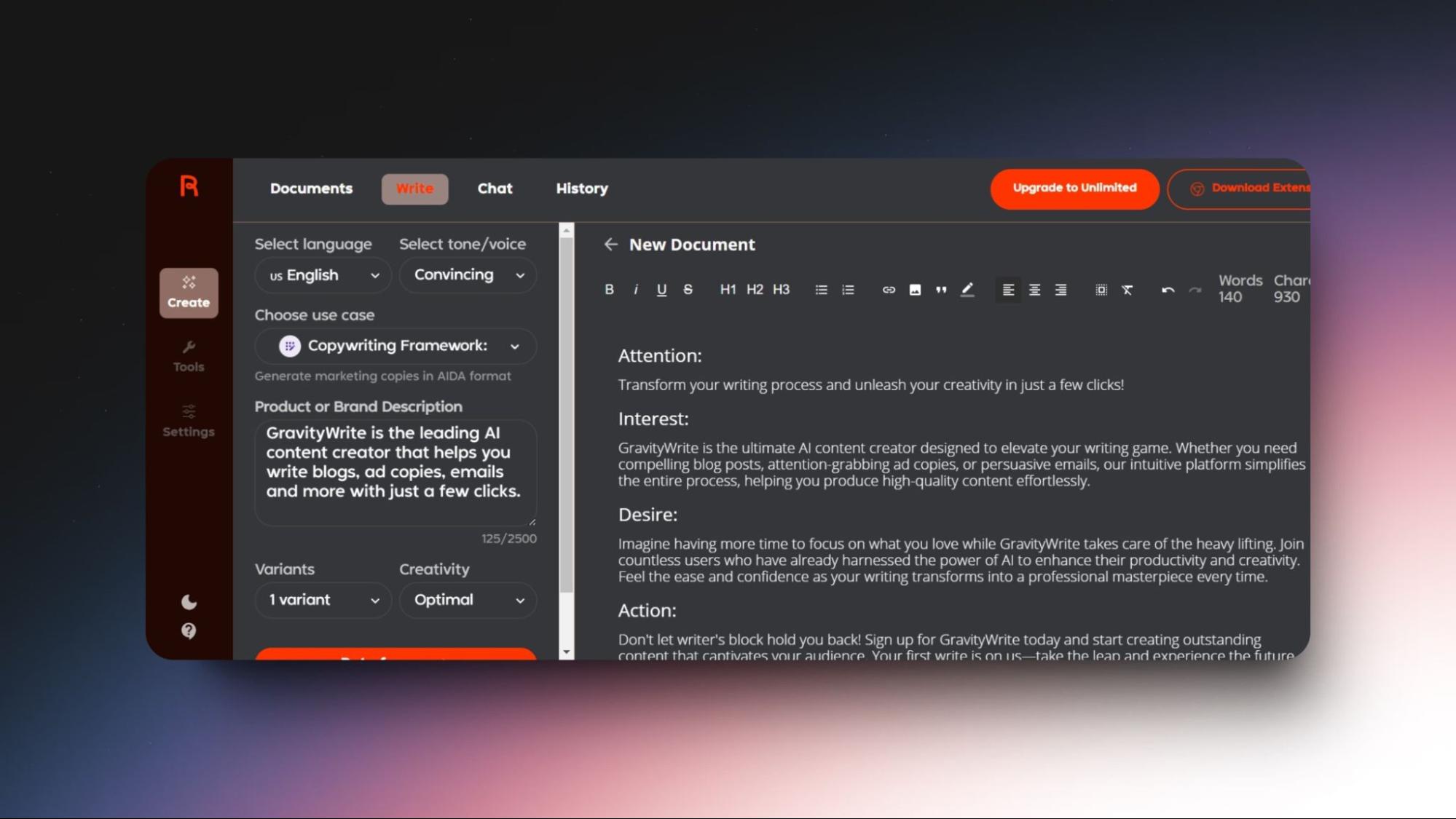 Screenshot of an AI writing tool interface showing a copywriting framework for GravityWrite, using AIDA format to create compelling content.