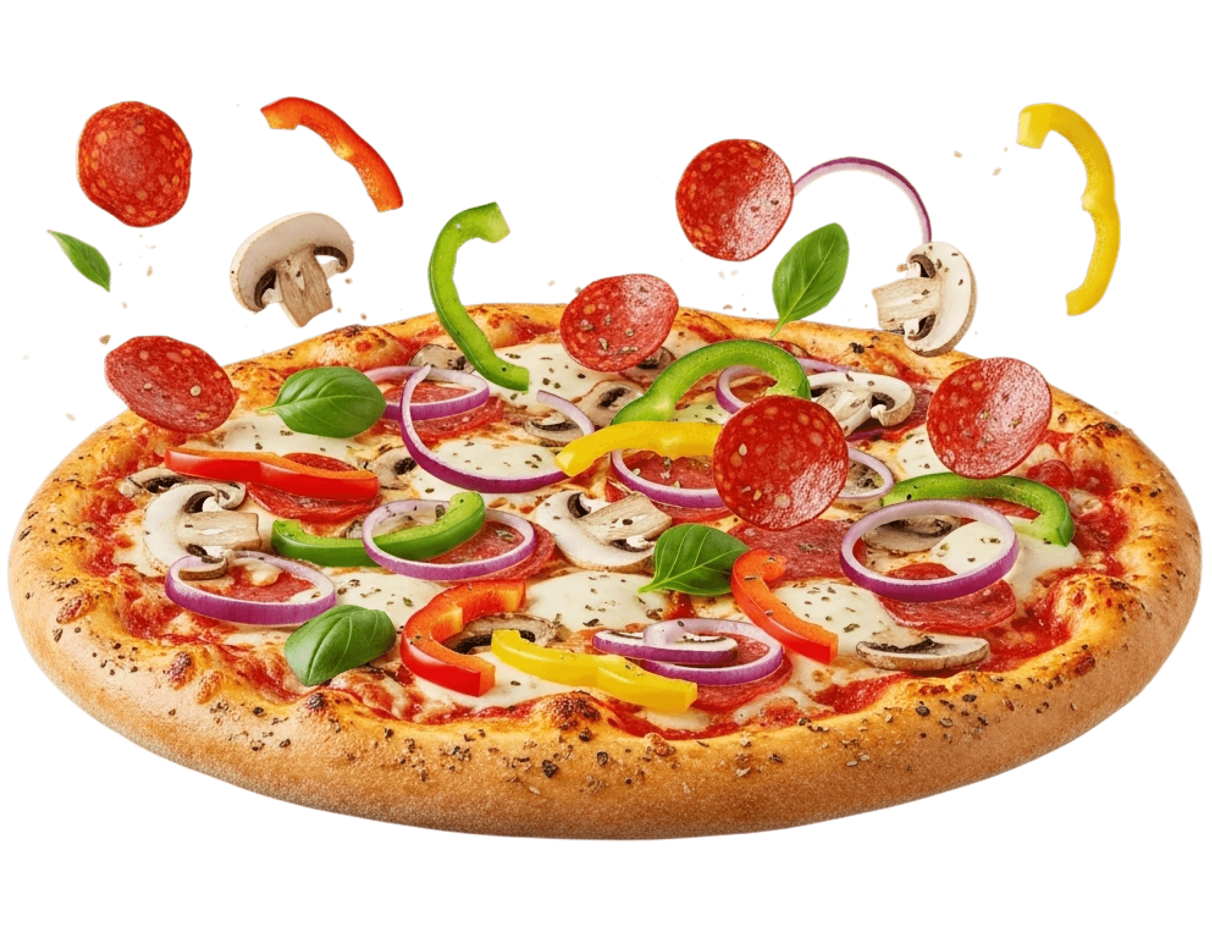 A delicious pizza topped with pepperoni, mushrooms, bell peppers, and fresh herbs, with colorful toppings flying above.