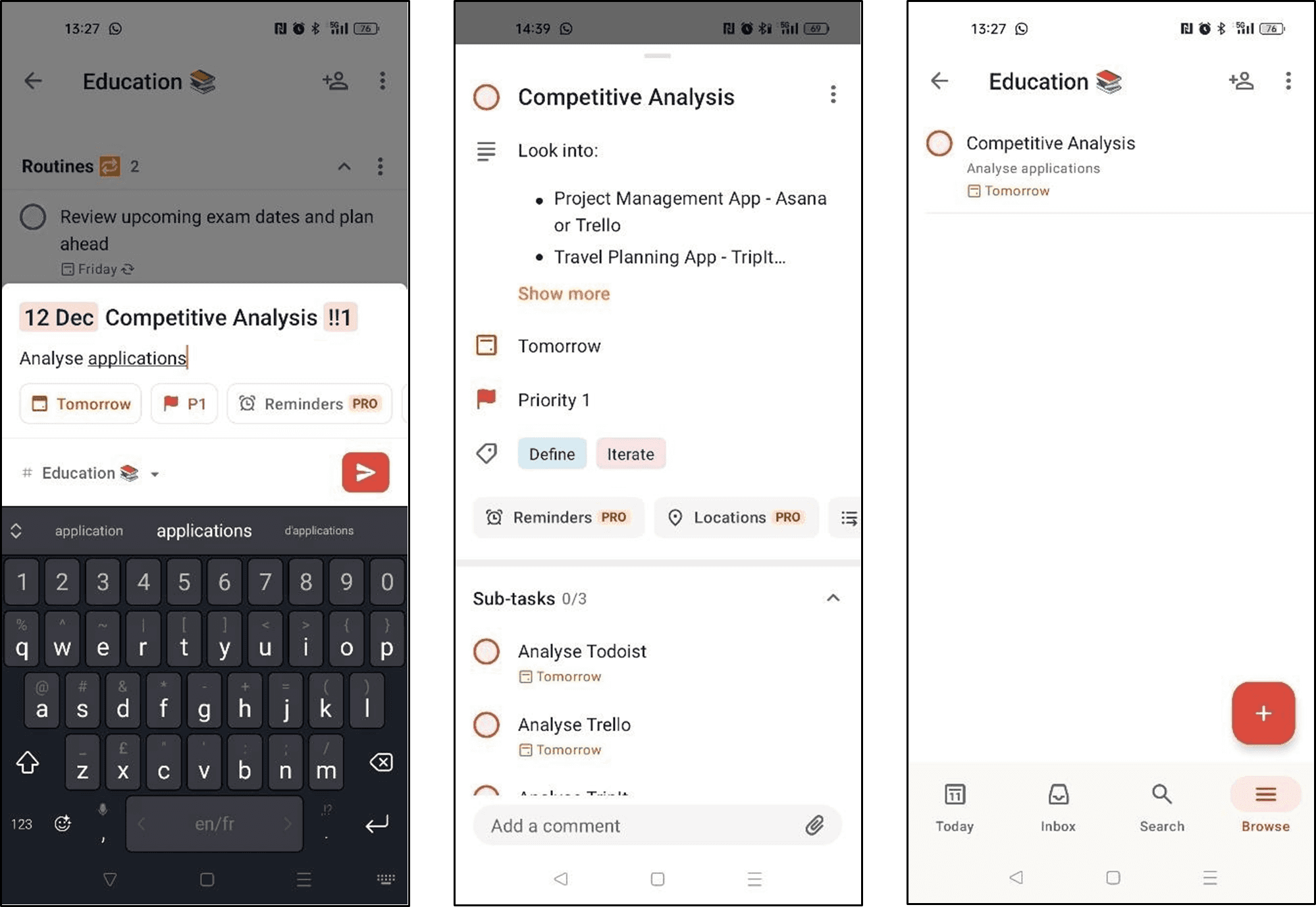 Three screenshots, showing the way in which Todoist's UI and features work.