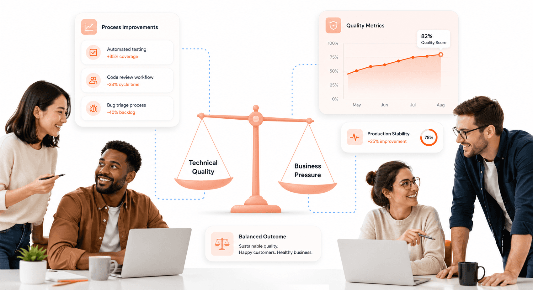 Balance scale showing technical quality versus business pressure with collaborative development team and process improvement metrics