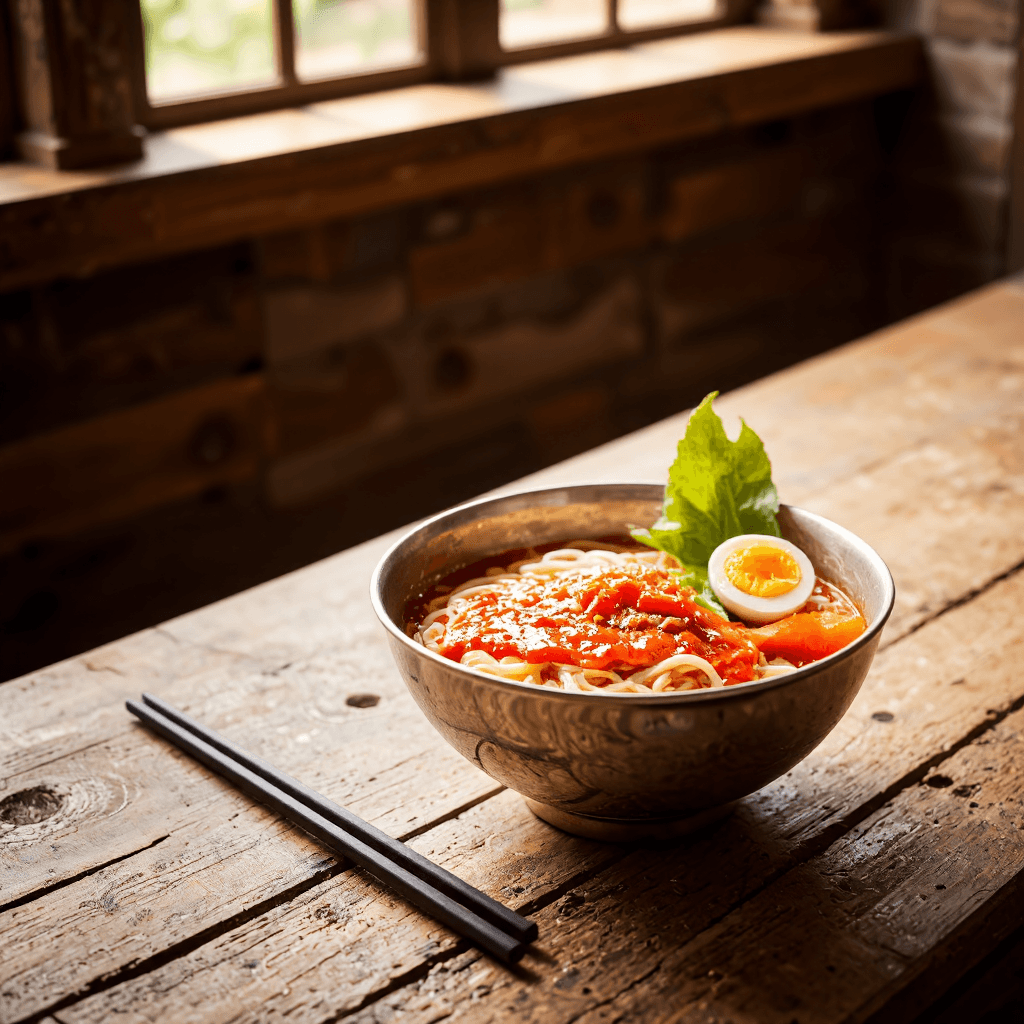 product photography of a bowl of cold noodles topped with spicy sauce and garnishes