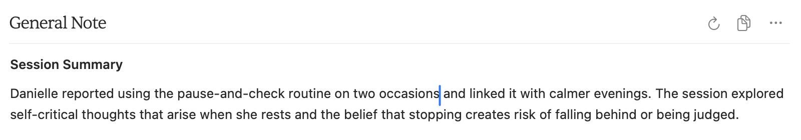 The General Note editor after changing “twice” to “on two occasions”, with the caret after the edited phrase.