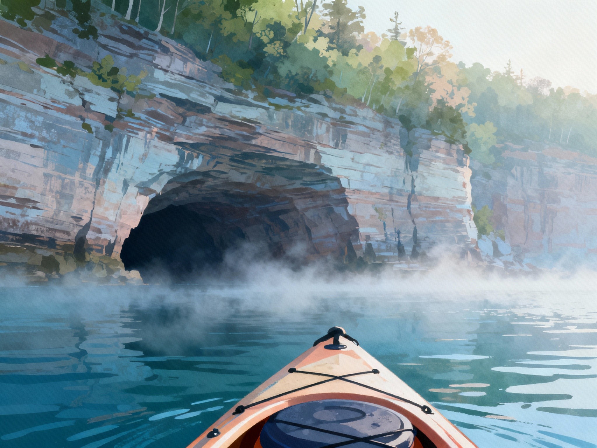 An early morning of the Pictured Rocks' iconic sea caves viewed from a kayak perspective, with mist