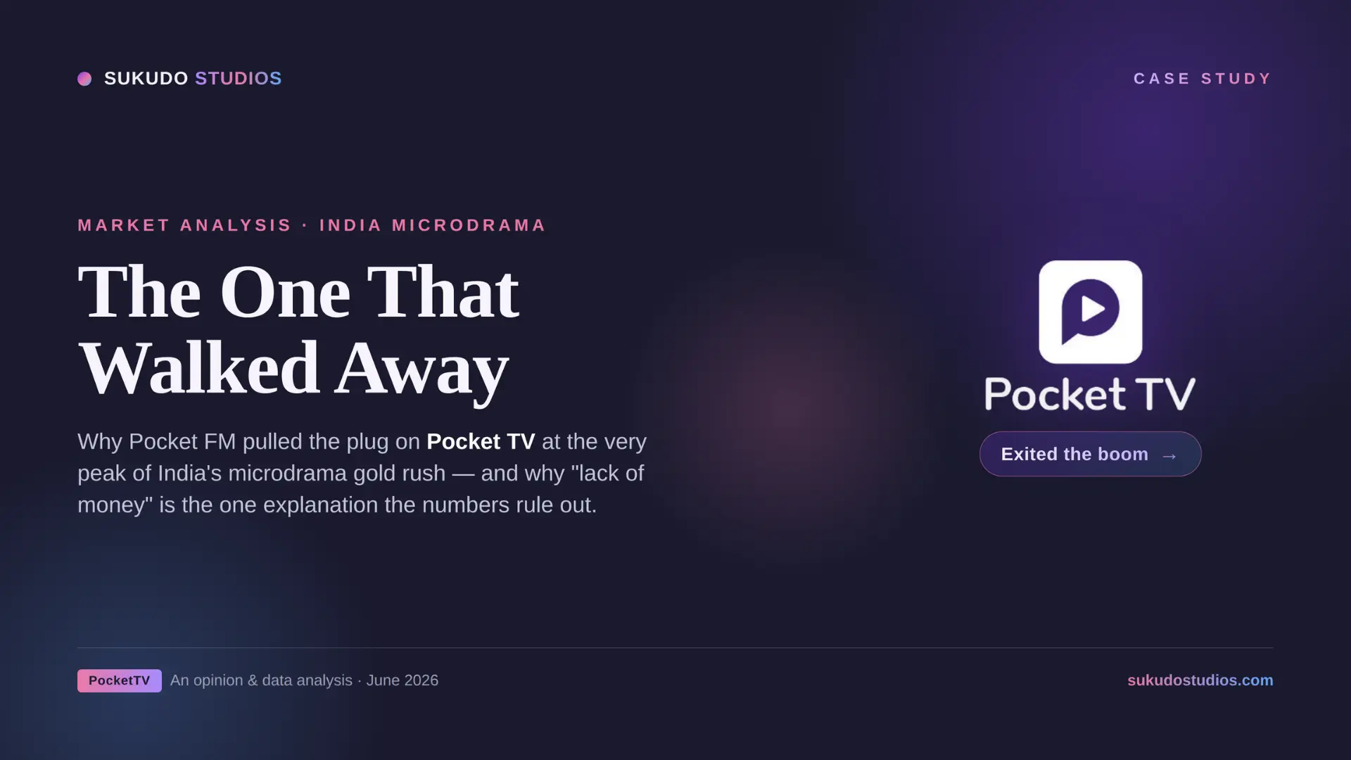 Sukudo Studios case study cover: "The One That Walked Away — why Pocket FM exited microdrama,