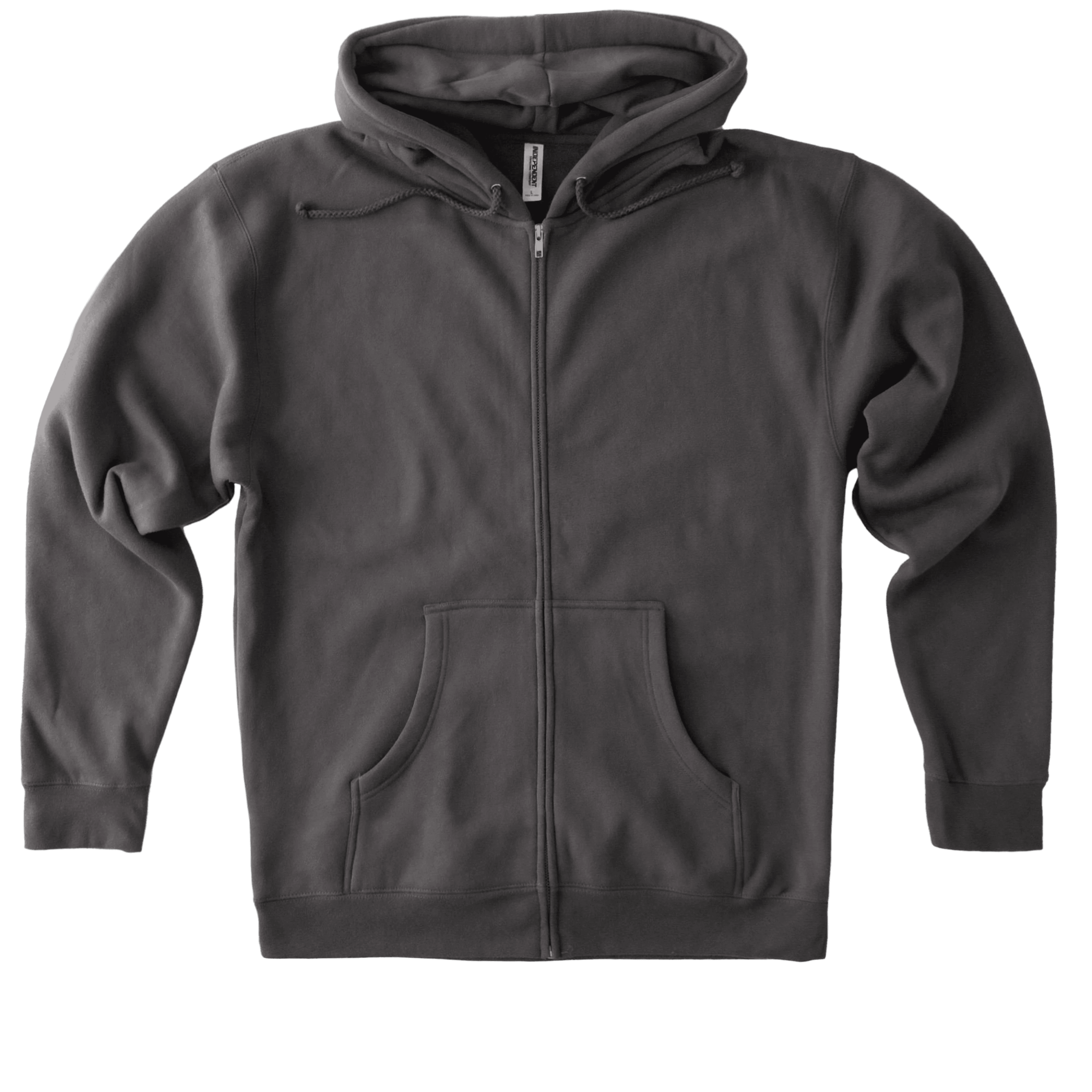 Dark gray zip-up hoodie.